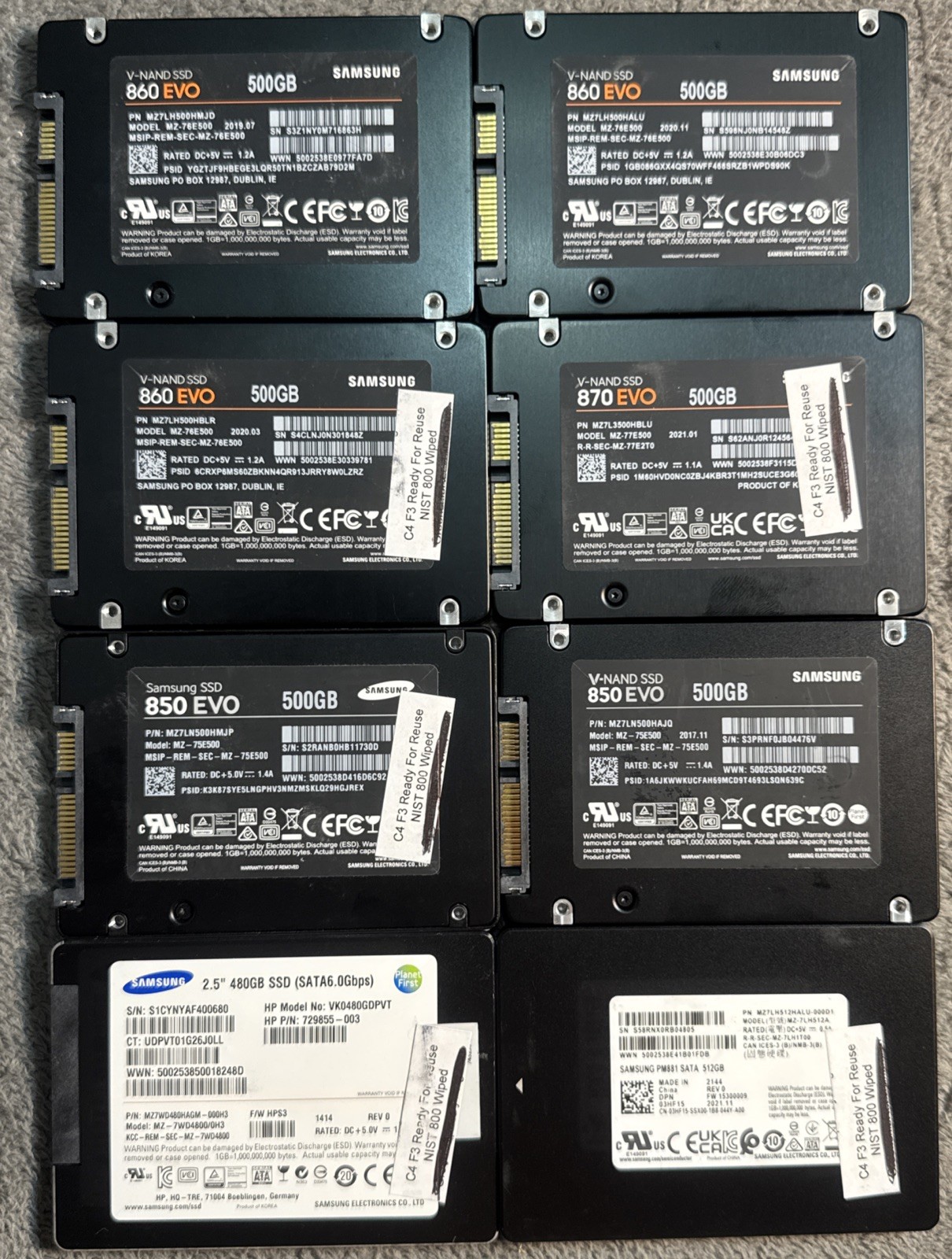 Lot of 8 Mixed Samsung 860 EVO MZ-76E500 500 GB SATA III 2.5" Solid State Drive