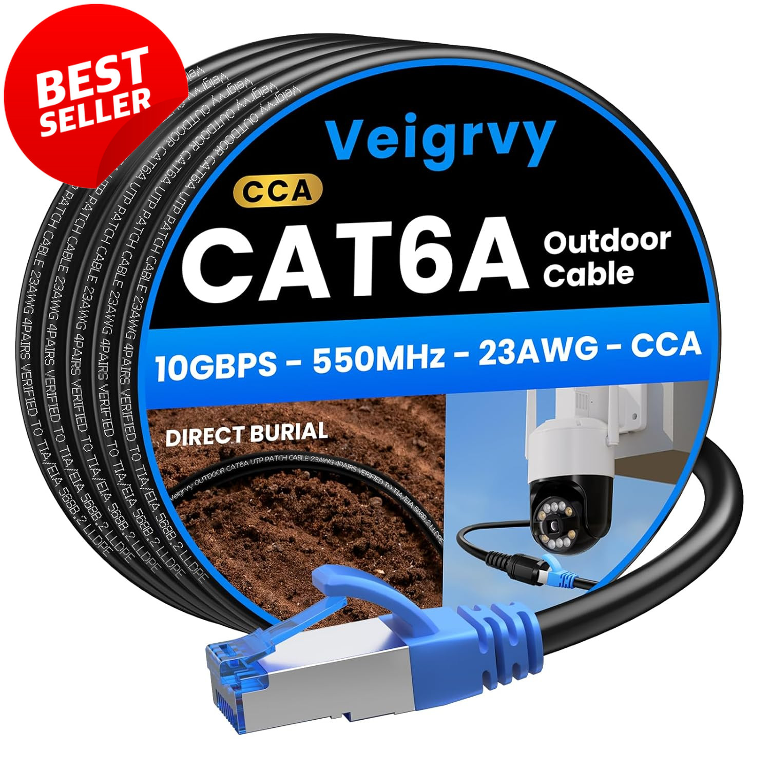 Cat6A Outdoor Ethernet Cable 300FT 10Gbps Direct Burial Waterproof UTP - US