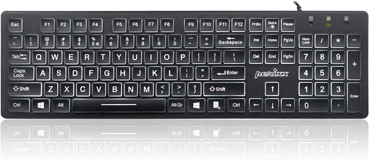 Large Print Computer Keyboard LED Lighted White Backlit Full Size Multimedia Key