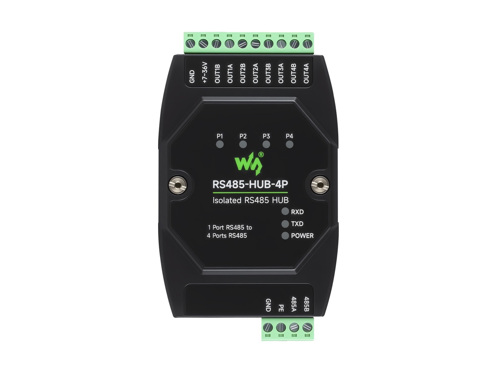 Waveshare Industrial-grade Isolated 4-Ch RS485 Hub, Rail-mount Wide Baud Rate
