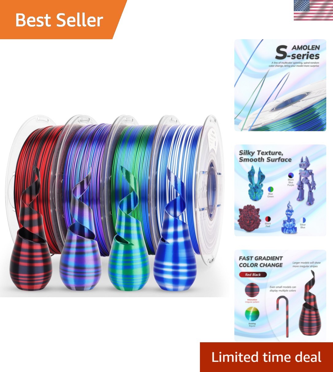 Professional Silk PLA Filament - 4 Pack, Fast Color Change for Stunning Prints