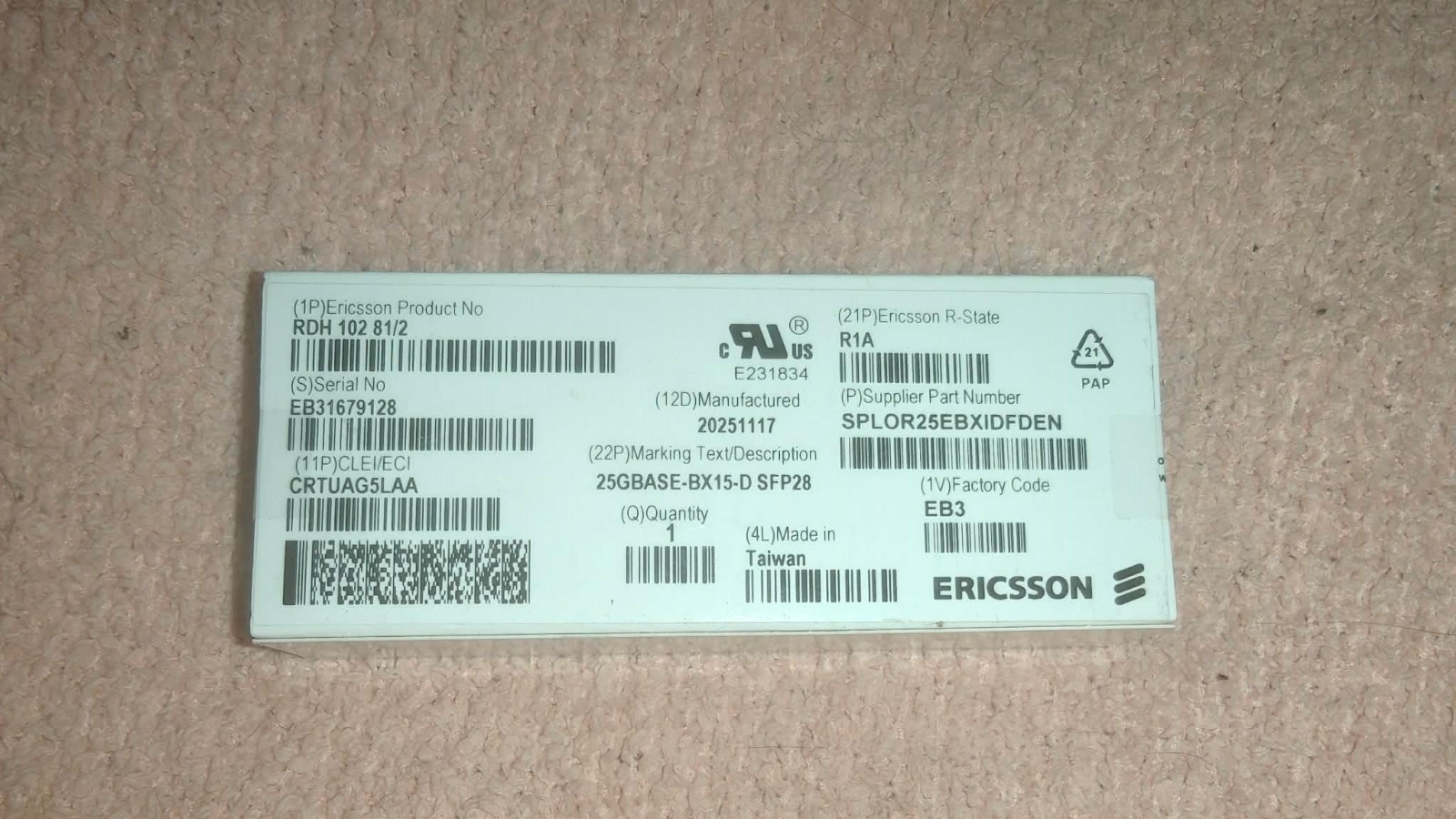 Ericsson RDH 102 81/2 25GBASE-BX15-D-SFP28 Fiber Optical Transceiver Module