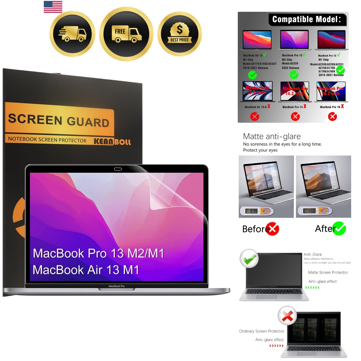 3-Pack Anti Glare Matte Screen Protector for MacBook Pro 13 Inch M2 M1-2022-2...