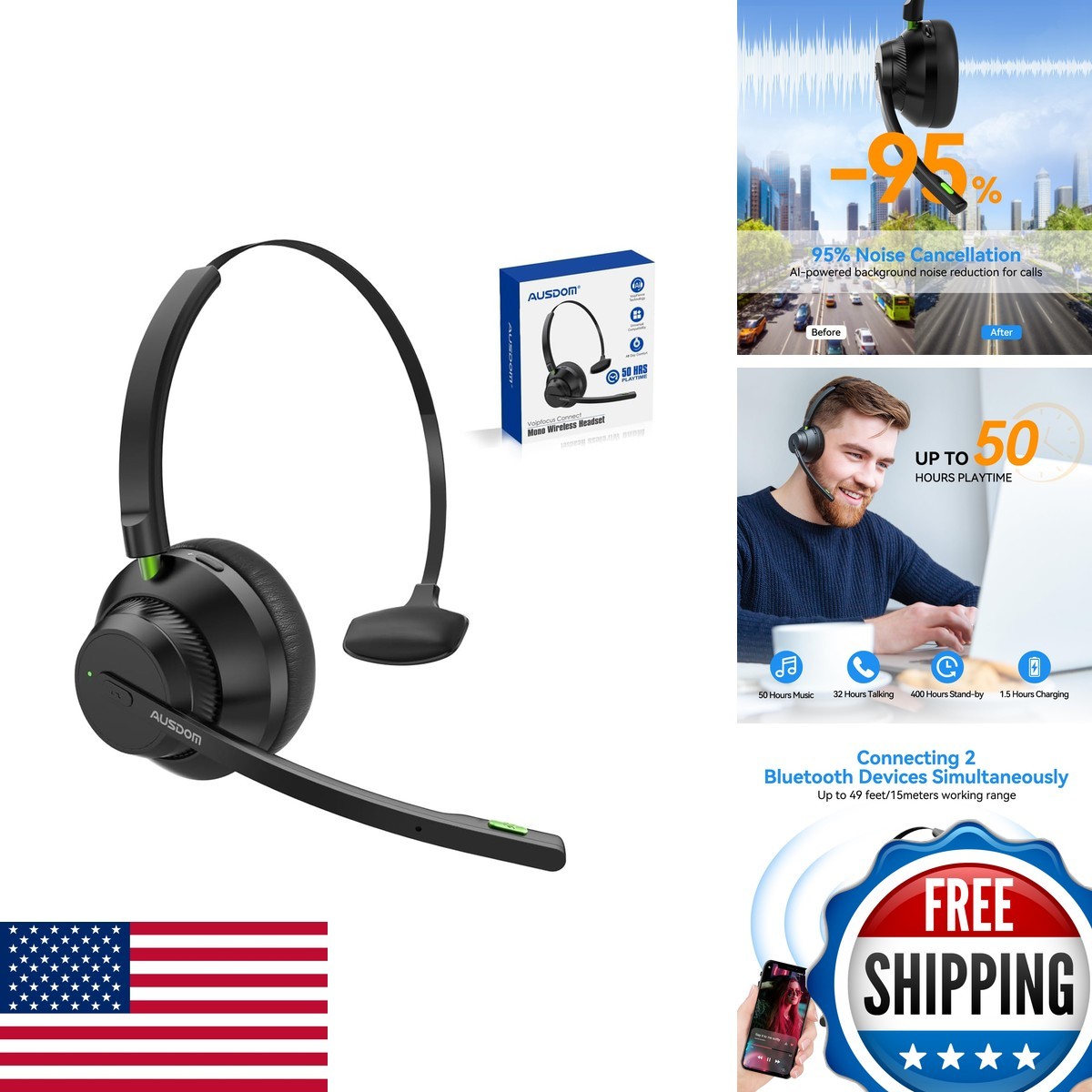 AUSDOM A2301 Trucker Bluetooth Headset Wireless 5.2 AI Noise Cancelling 50H