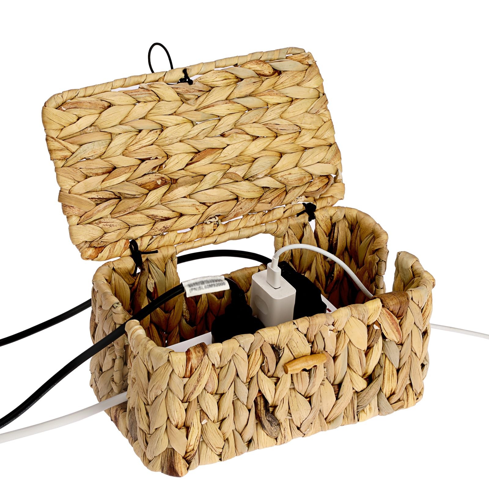 Woven Cable Management Box with Lid Water Hyacinth Cord Organizer, S