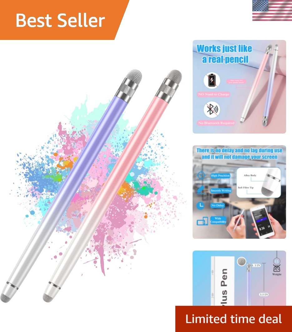 Stylus Pens - 2 Pack with Soft Fiber Tips for Accurate Writing & Drawing