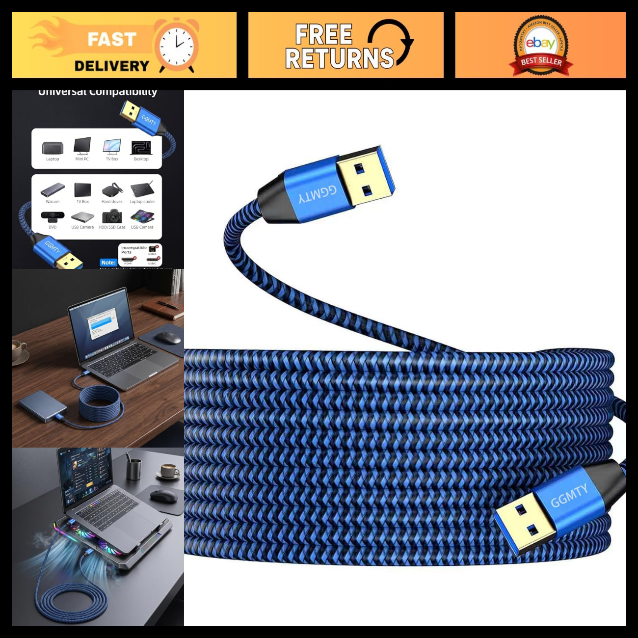 25FT USB 3.0 Male to Male Cable - Durable Braided Data Transfer for Hard Drives,