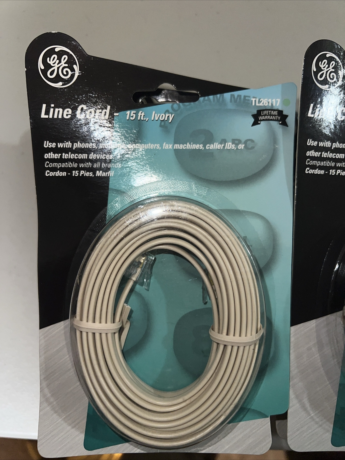 NEW GE TL26117 6P4C Telephone Line Cord - 15 FT,  IVORY for 1 or 2 lines/DSL/FAX