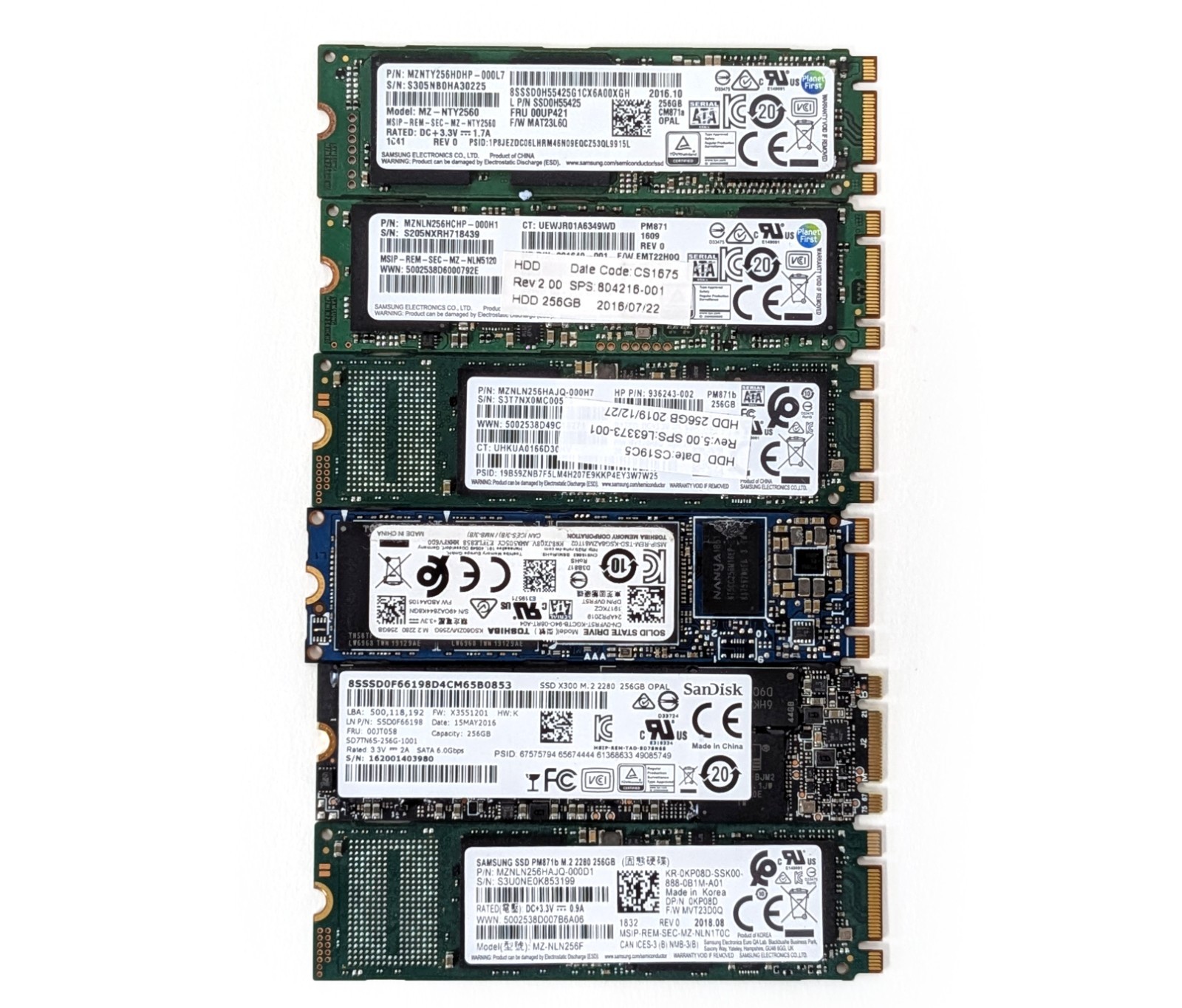 Lot of 6 M.2 2280 SATA Drives 256GB SanDisk Samsung Toshiba
