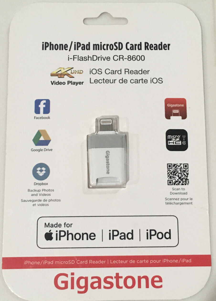Gigastone iOS Card Reader 4K iPhone and iPad MicroSD CR8600. NEW