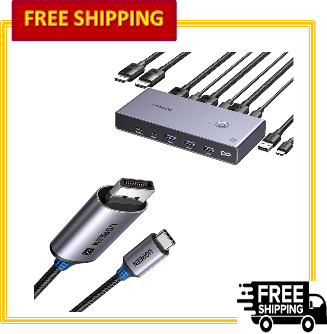 UGREEN 8K Displayport 1.4 KVM Switch with 4 USB 3.0 Ports with USB C to DP Cord