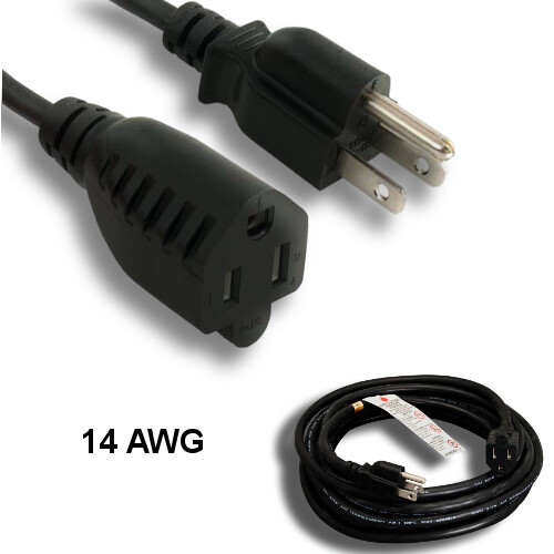 Kentek 25' ft 14 AWG Power Extension Cord NEMA 5-15P to 5-15R 15A/250V SJTW Blk