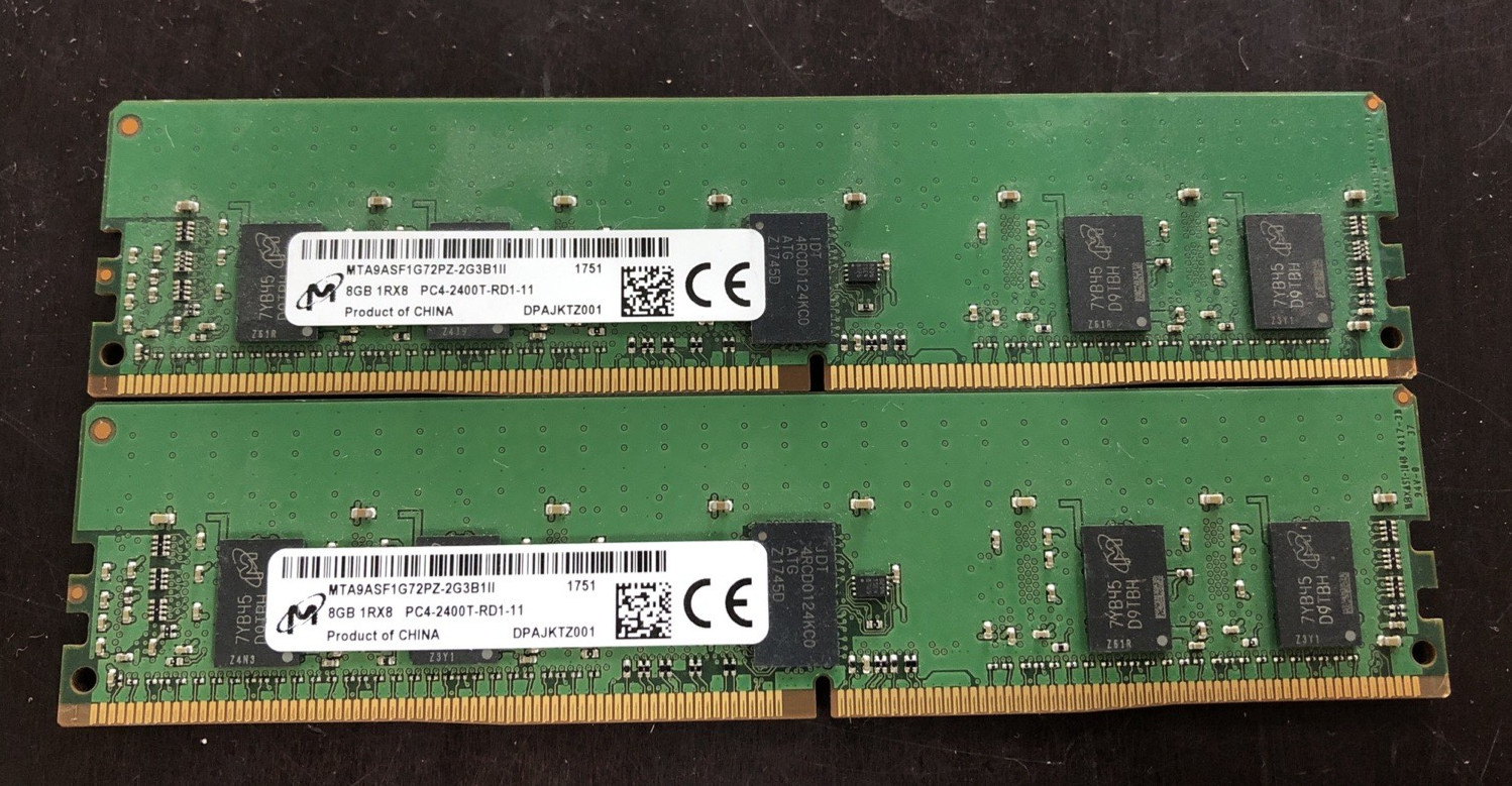 Lot of 2 -- 16GB (2x8GB) Micron 1Rx8 DDR4 PC4-2400T SERVER Memory RAM