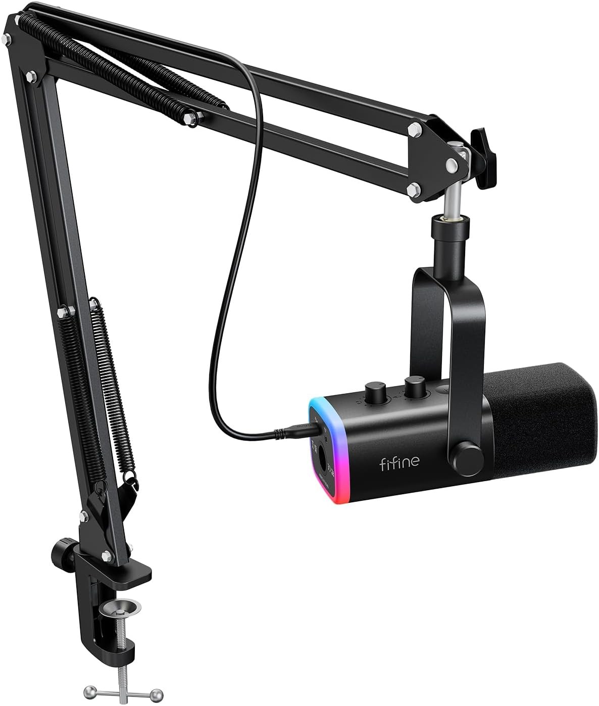 FIFINE AM8T RGB Gaming Microphone + Boom Arm Stand - USB/XLR - Black - VG