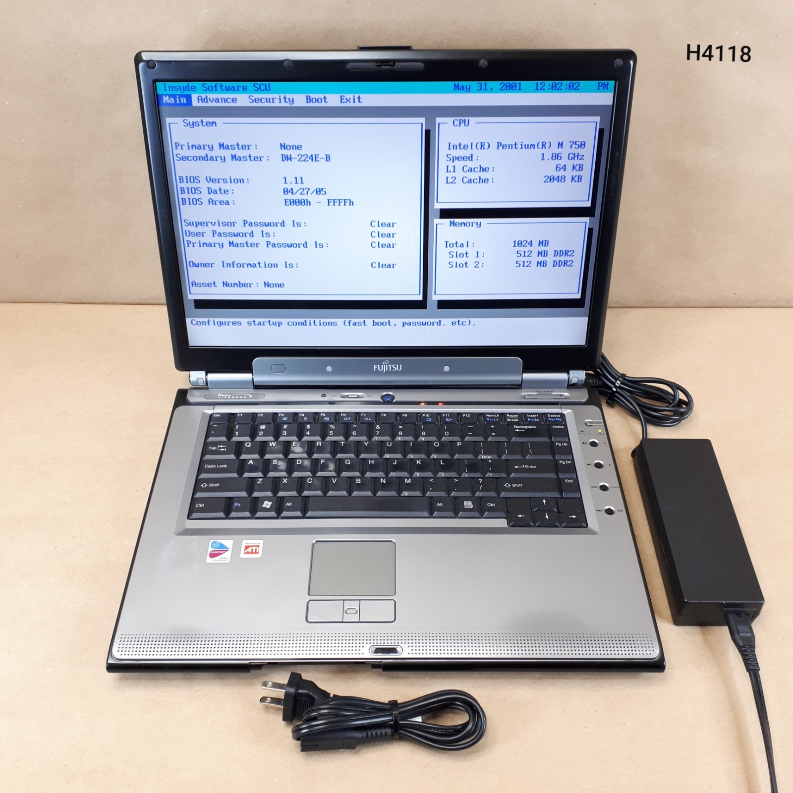 Fujitsu Lifebook N Series N3511 15.4" Laptop Pentium M750 1GB No HDD/OS ForParts