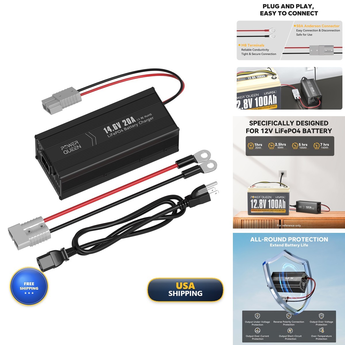 Power Queen 12V 20A LiFePO4 Battery Charger 14.6V