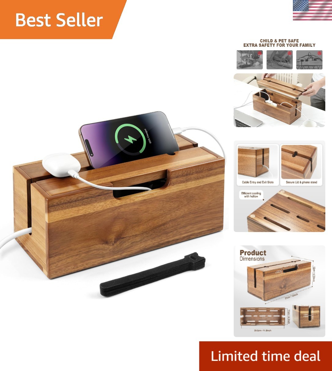 Multi-Scenario Cord Hider Box in Acacia Wood with Phone Stand & Airflow Design