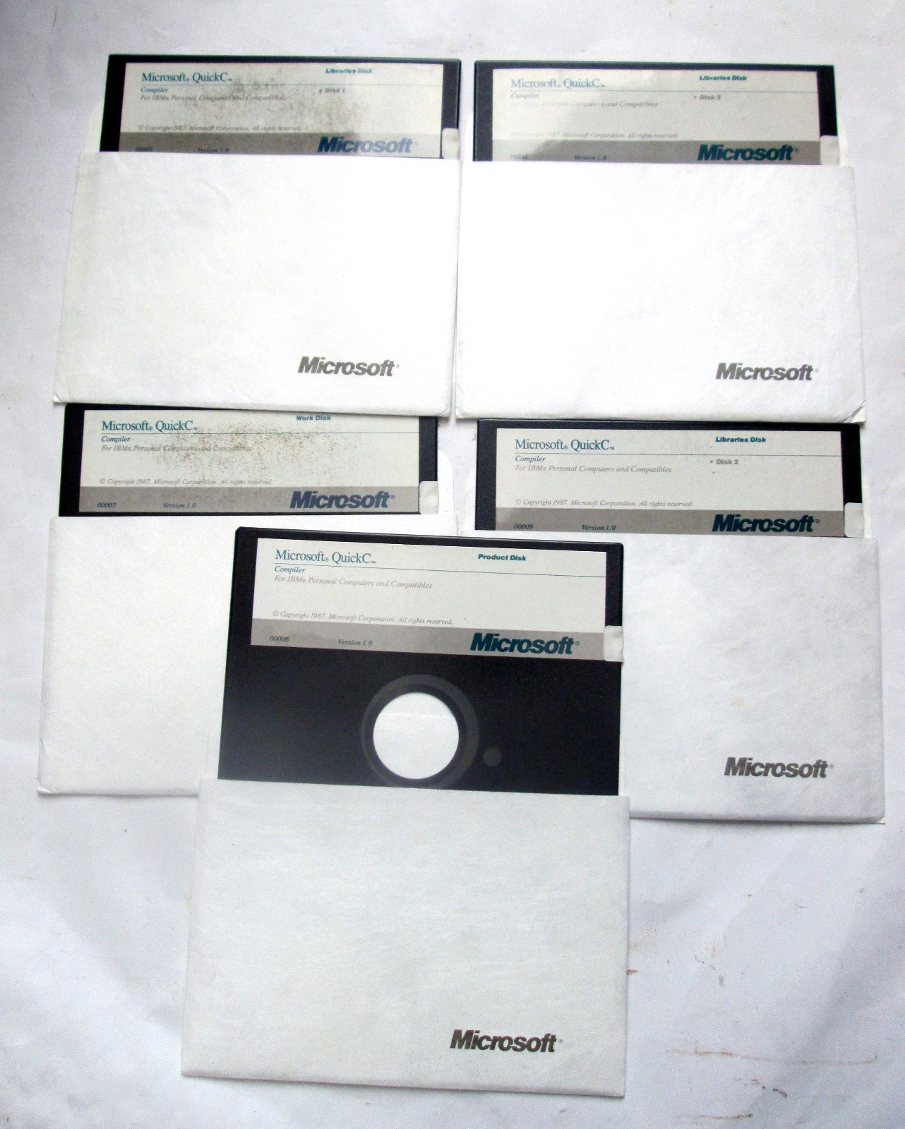 Vintage Microsoft QuickC V1.0 Compiler Set of 5 360K 5.25" Floppy Disks