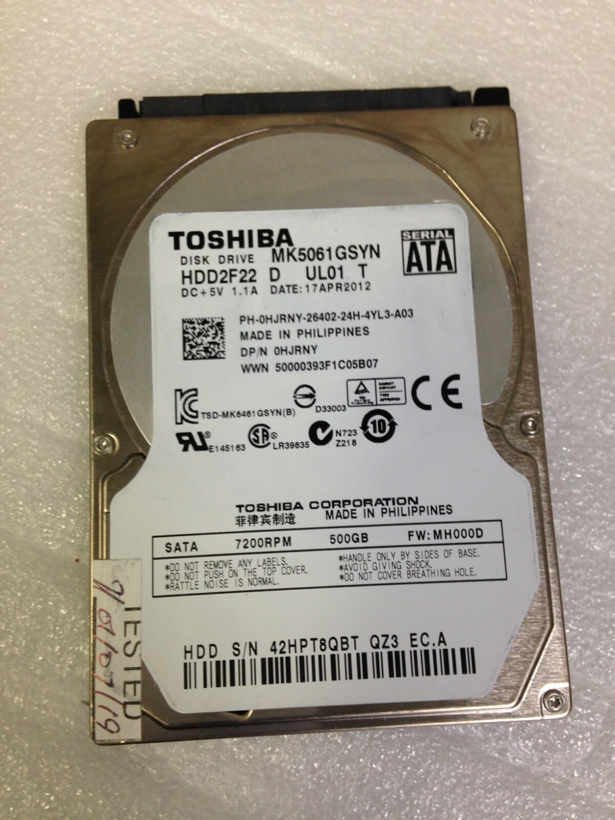 Toshiba MK5061GSYN, FW:MH000D, HDD2F22 D UL01 T, 500GB SATA 2.5'' Laptop Drive 