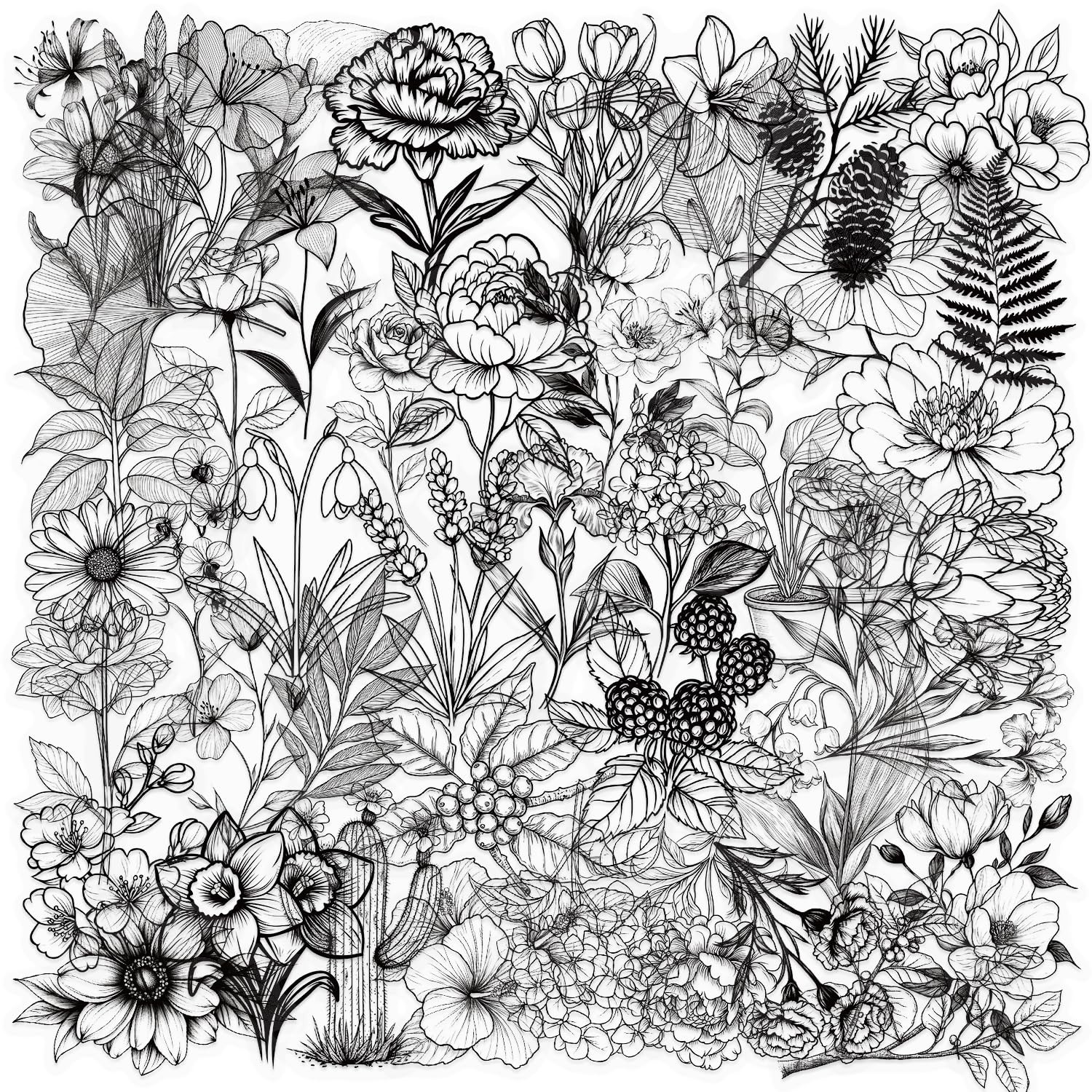 50Pcs Black and White Flower Stickers Pack, Aesthetic Plant Stickers for Laptop