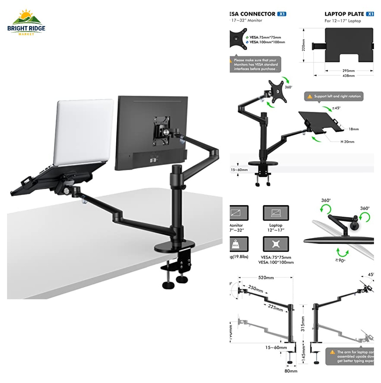 Viozon Monitor and Laptop Mount, 2-in-1 Adjustable Dual Arm Desk Mounts Single D