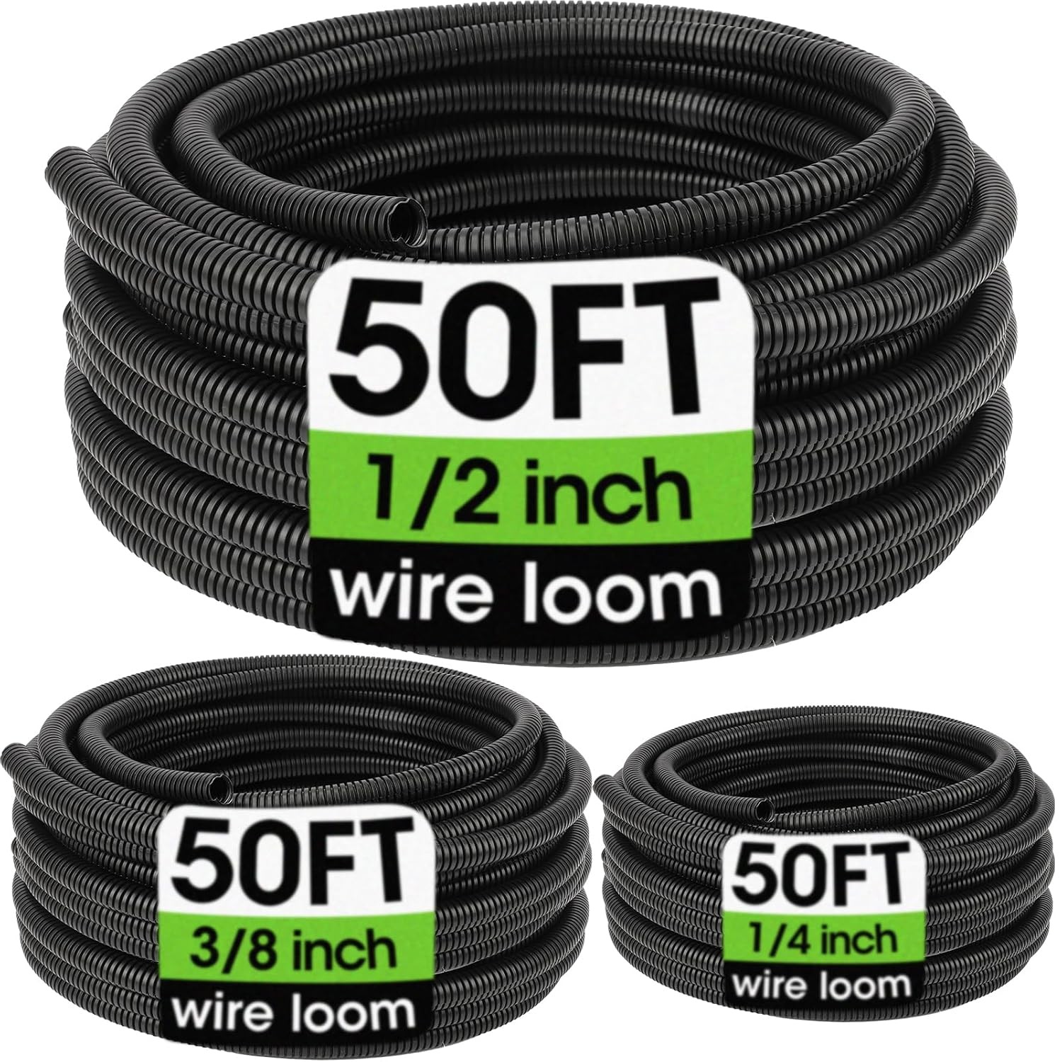 Wire Loom 1/4", 1/2", 3/8 Inch x 50 FT, Split Wire Loom Tubing Wire Conduit, Cab