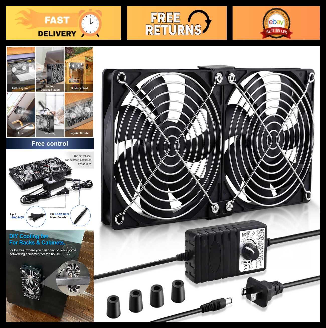 Dual 120mm 240mm AC Cabinet Fans | High Airflow 12V Cooling with Speed Control