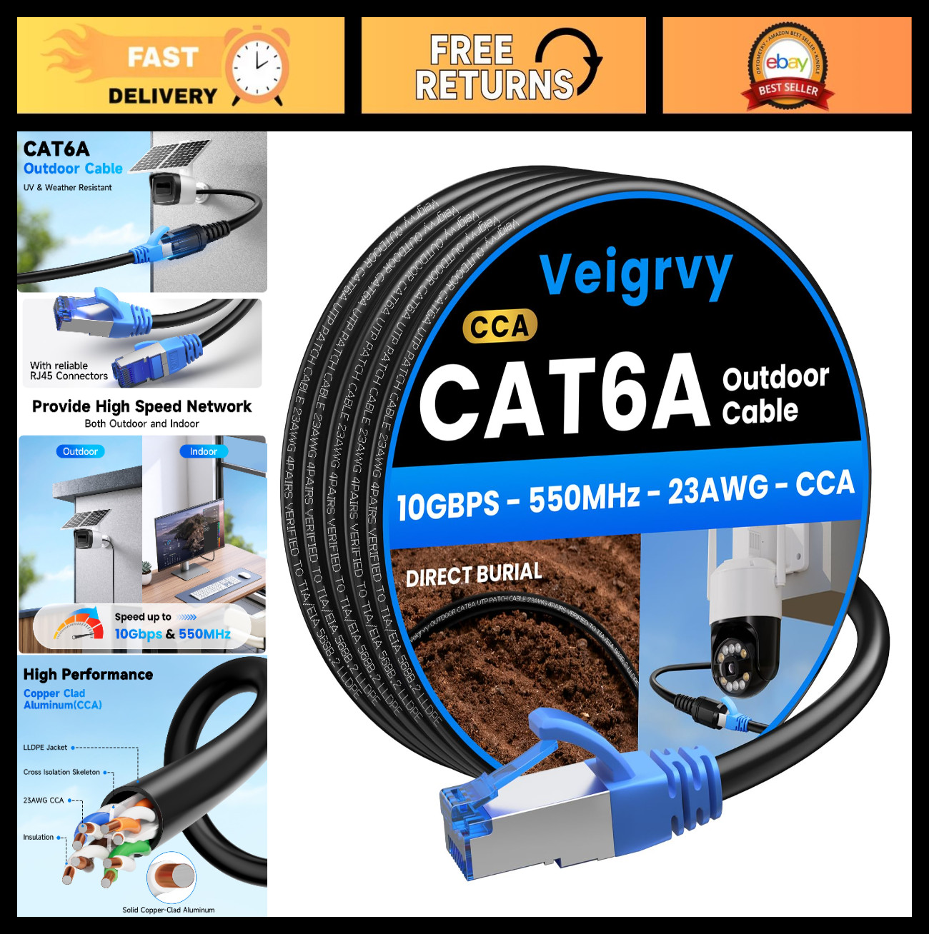 100ft Cat6A Outdoor Ethernet Cable - Waterproof, Direct Burial, POE Support, 550