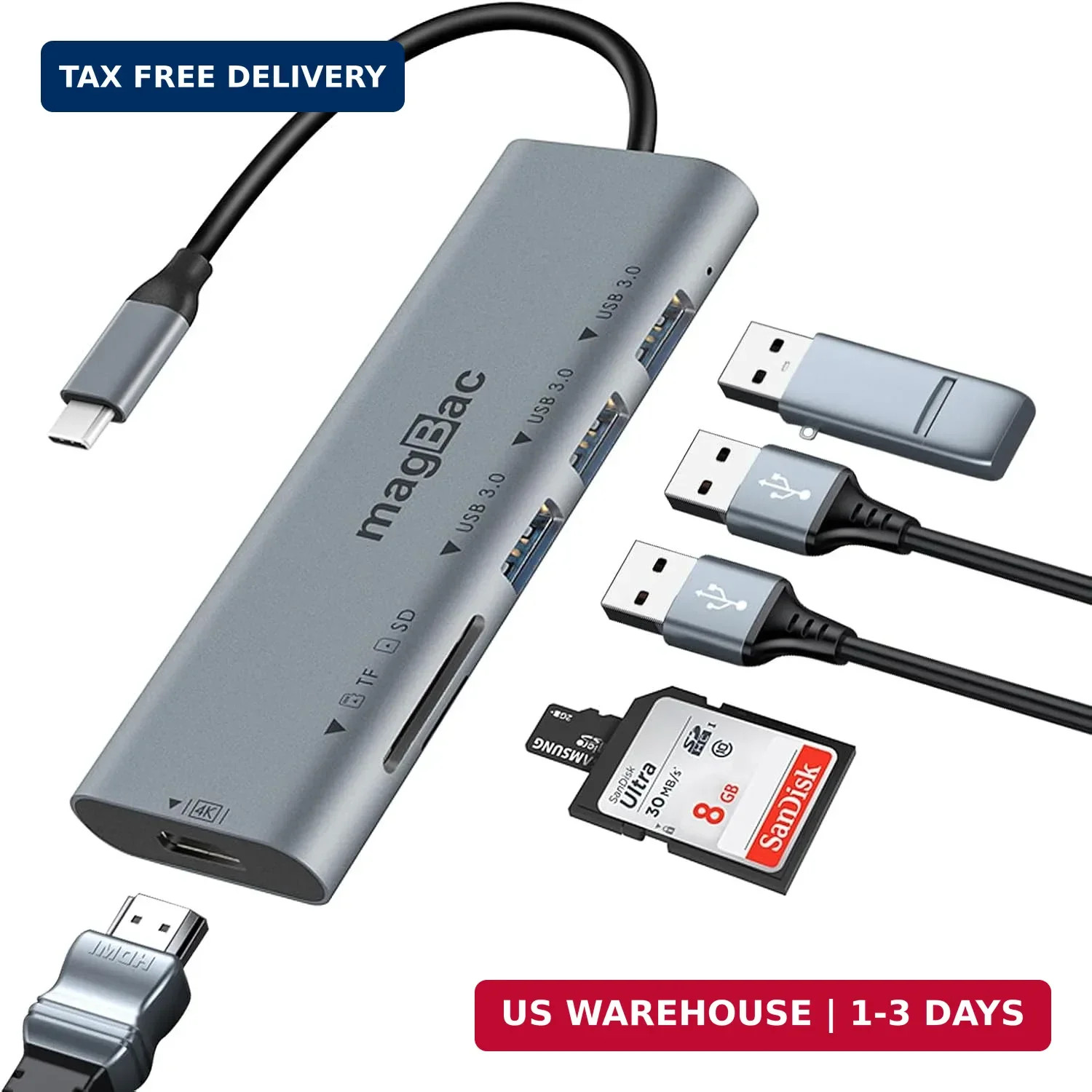 MagBac 6-in-1 Portable USB C Docking Station, 4K HDMI Display Dock,