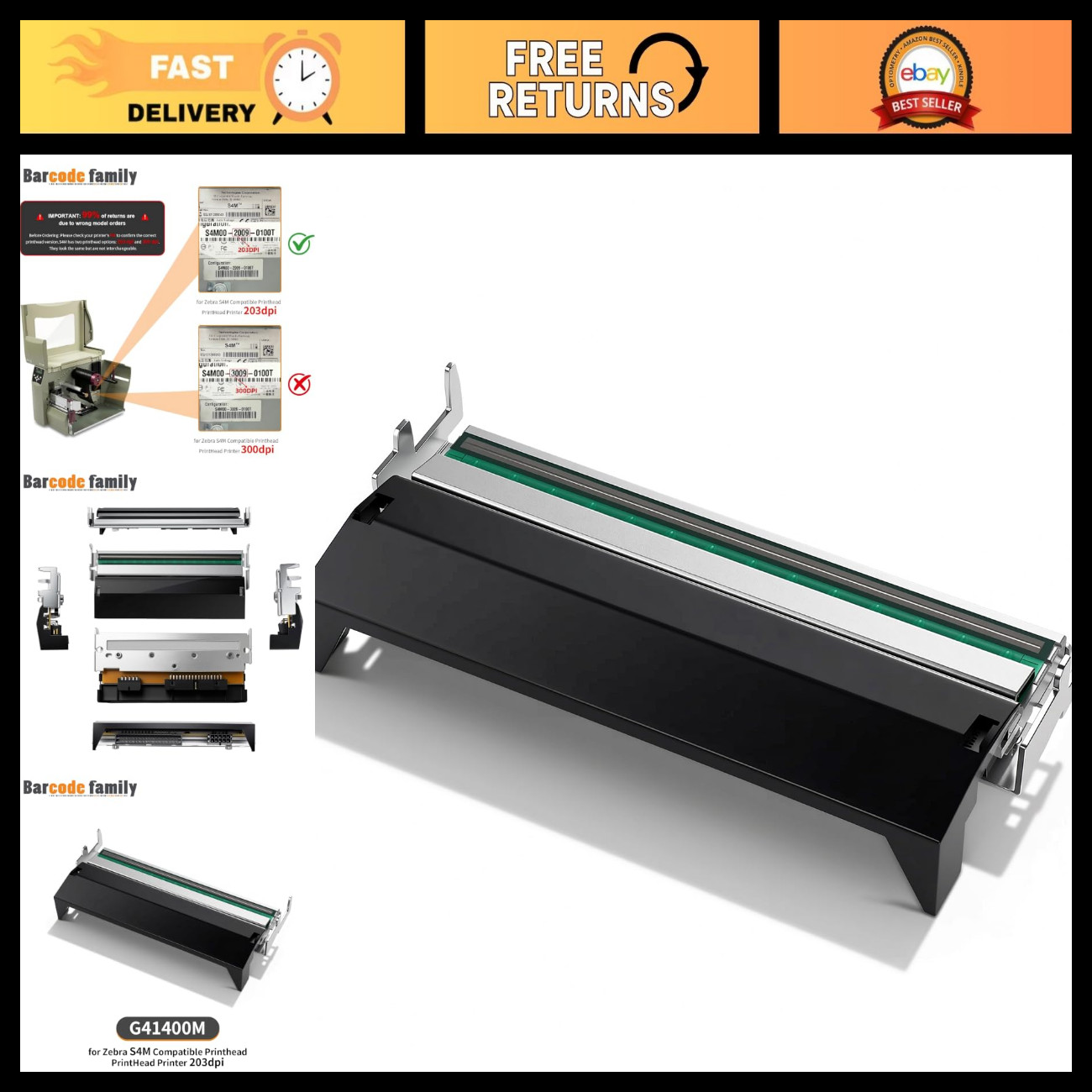 4" Thermal Printhead for Zebra S4M Barcode Printers - 203 DPI, High Quality Repl