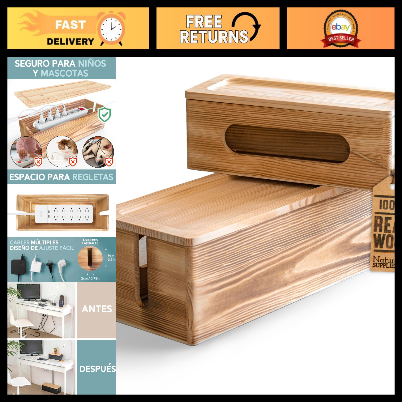 Set of 2 Wooden Cable Management Boxes - Large & Medium Cord Organizer for Wires