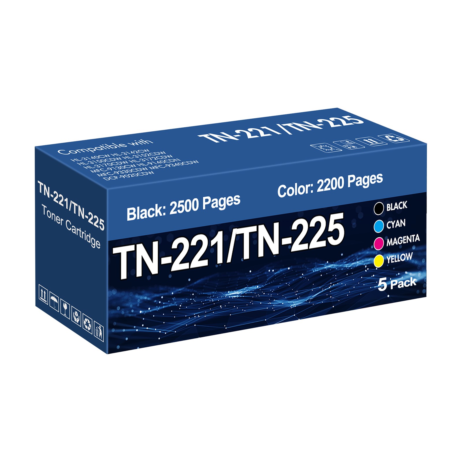 New 5PK TN225 Toner Compatible With Brother TN221 Toner Cartridges (BK/C/M/Y)
