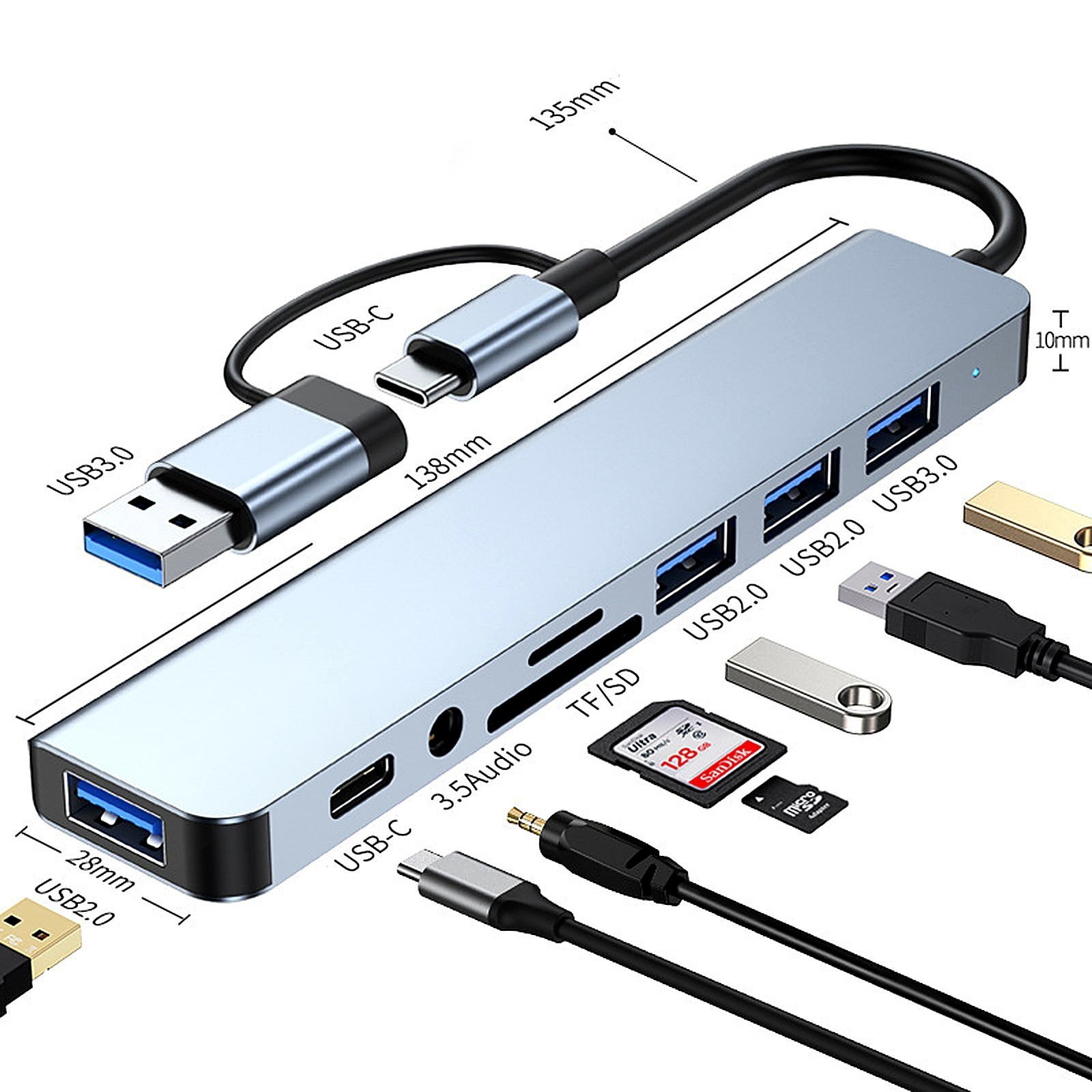 USB C Hub 8-in-2 in Adapter Docking Station SD Card Reader Audio Jack Laptop