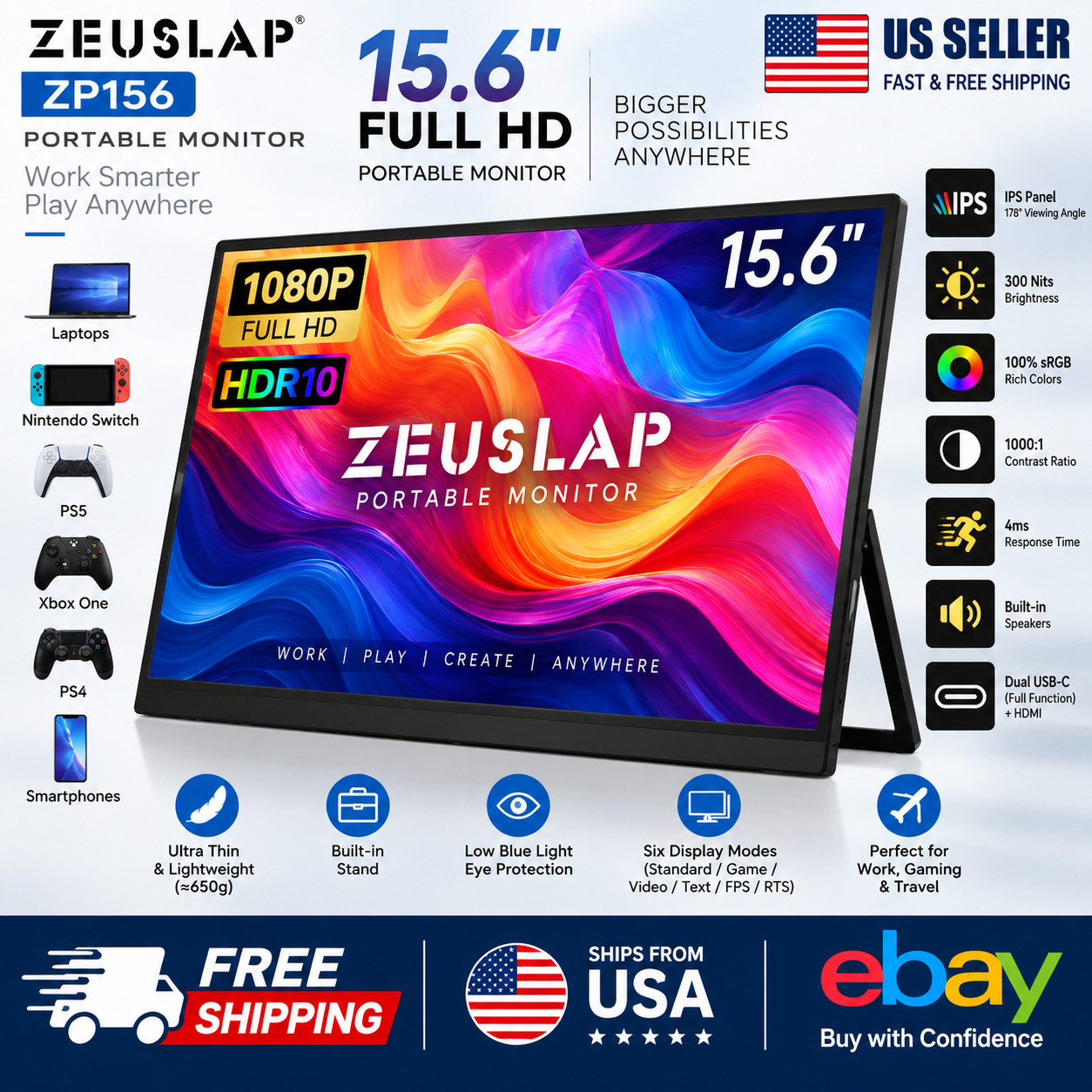 Zeuslap Z15st - 15.6" 1080p 120Hz Touchscreen USB-C HDMI Portable Monitor