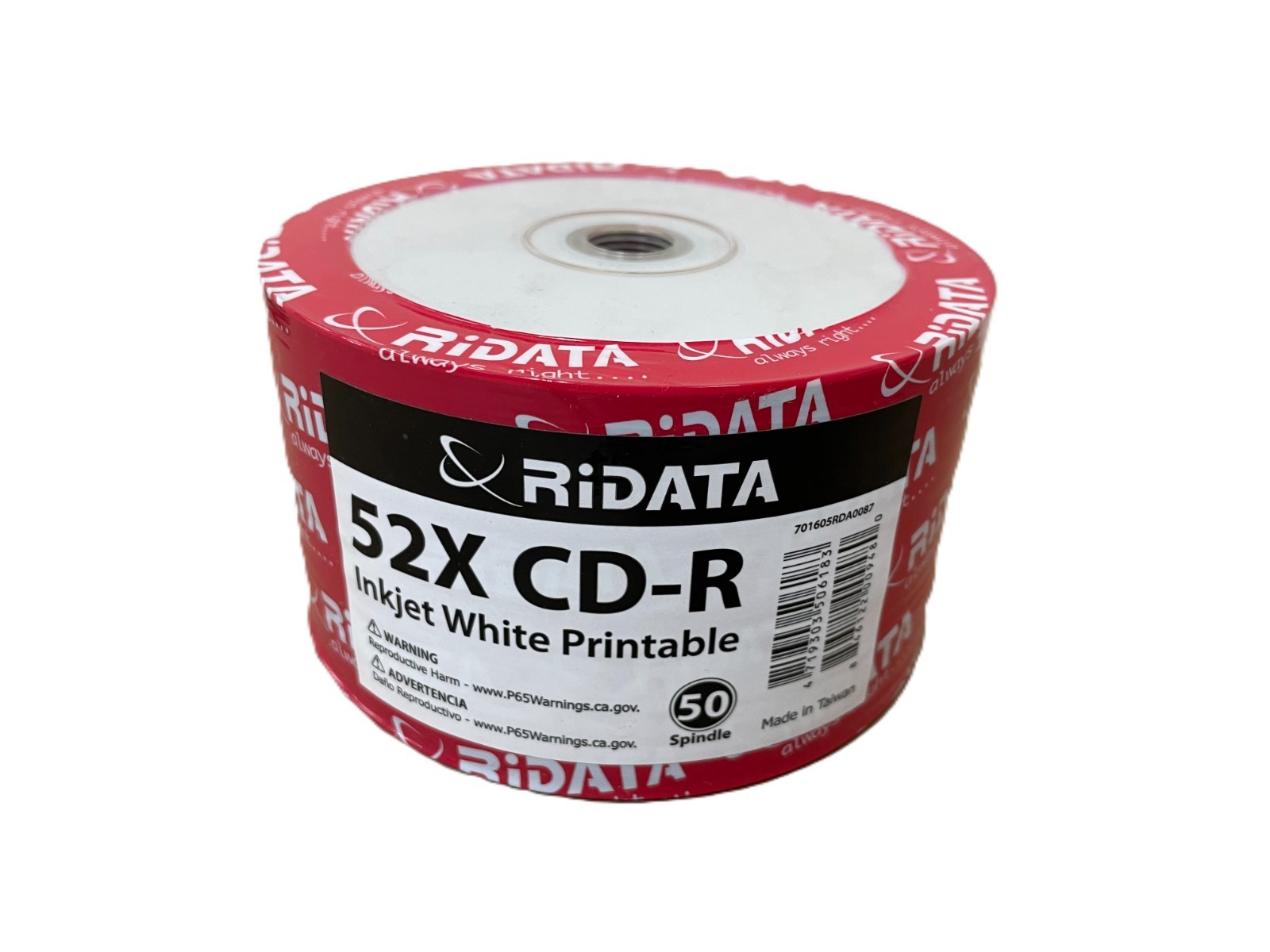 100 Ridata Brand 52X Blank CD-R CDR White Inkjet HUB Printable Disc 700MB