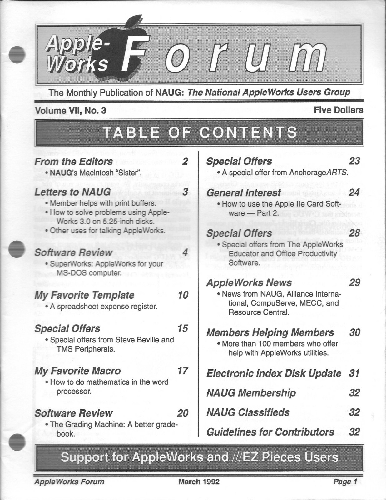 AppleWorks Forum Magazine, March 1992 for Apple II II+ IIe IIc IIgs