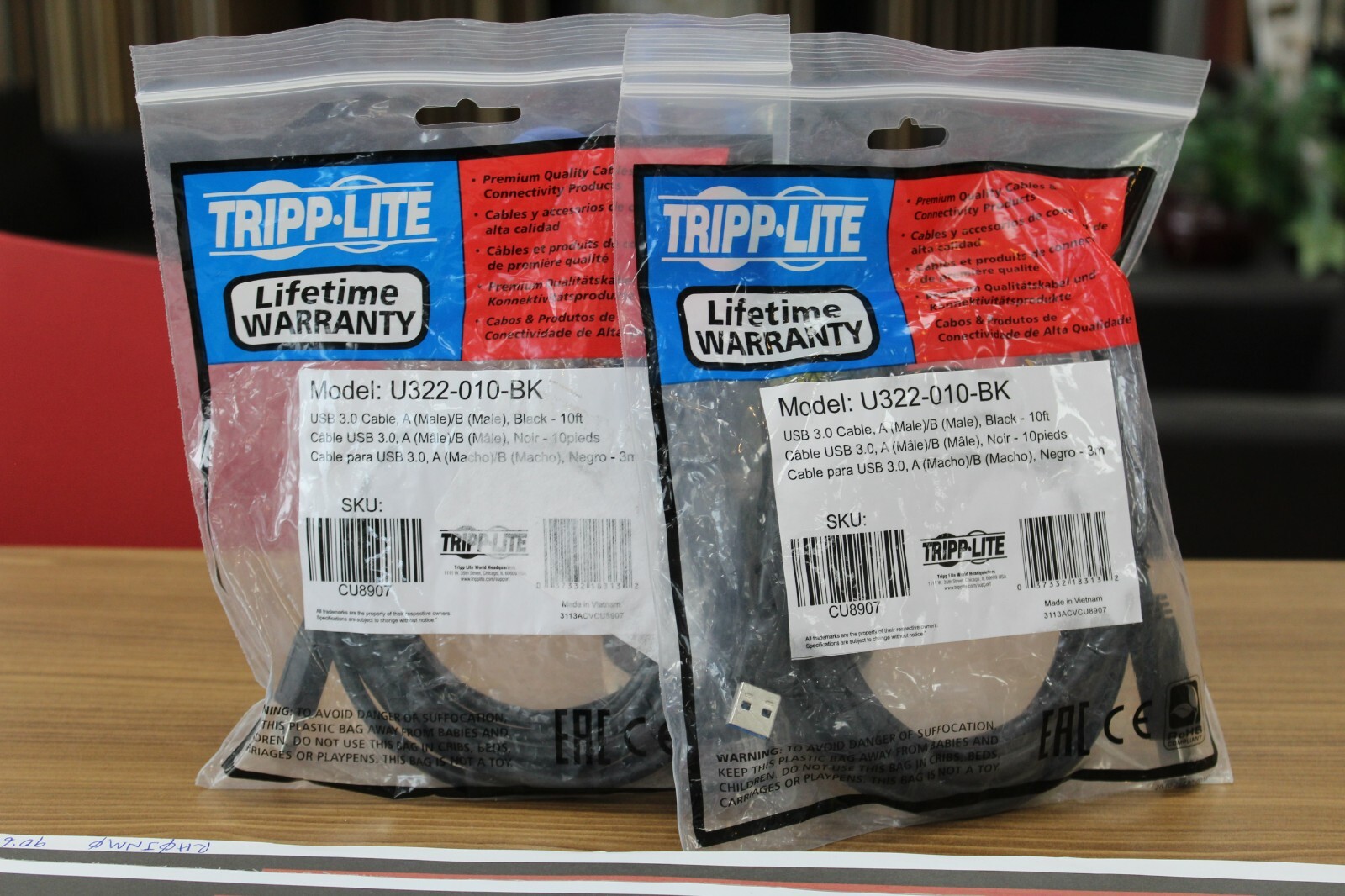 Pack of 2 Tripp Lite U322-010-BK USB 3.0 Cable A(Male)/B(Male)-10ft, "Black"