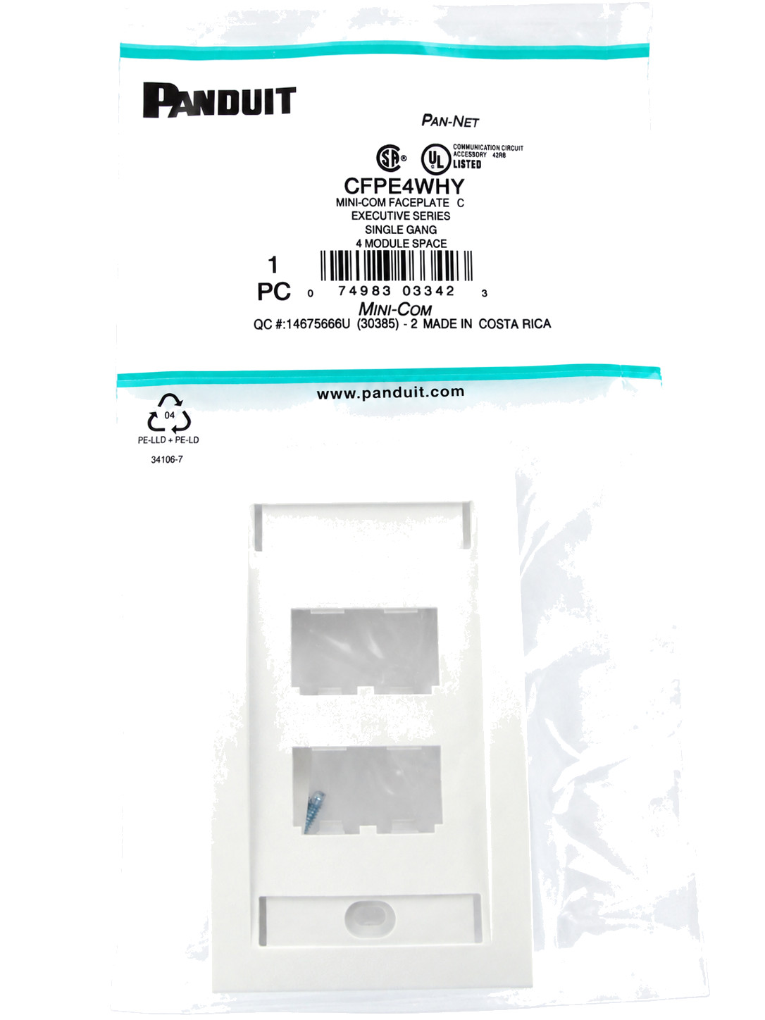 Panduit CFPE4WHY 4-Port Mini-Com Faceplate, Executive Series, White ~STSI