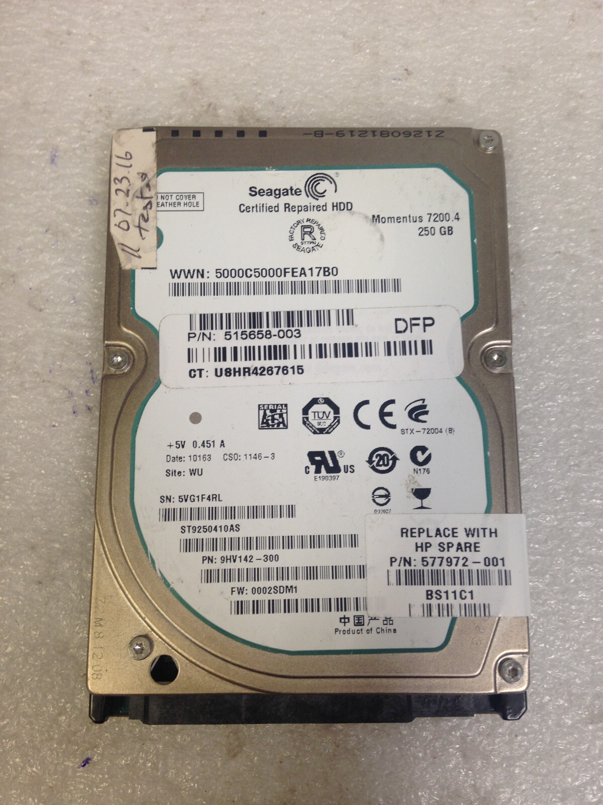 Seagate ST9250410AS, P/N 9HV142-300 SATA 250GB 2.5" Hard Drive
