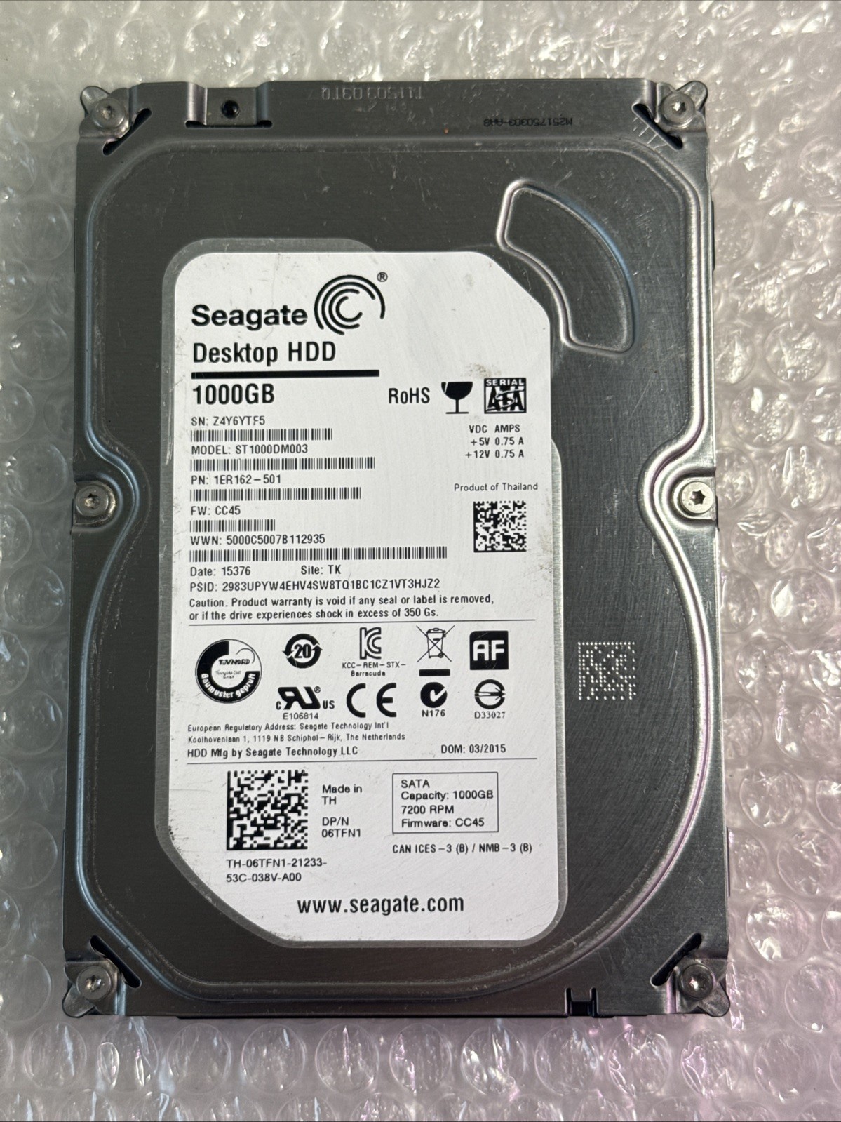 Seagate ST1000DM003 1TB 1000GB 19.5mm 3.5" Desktop SATA Hard Disk Drive 2015