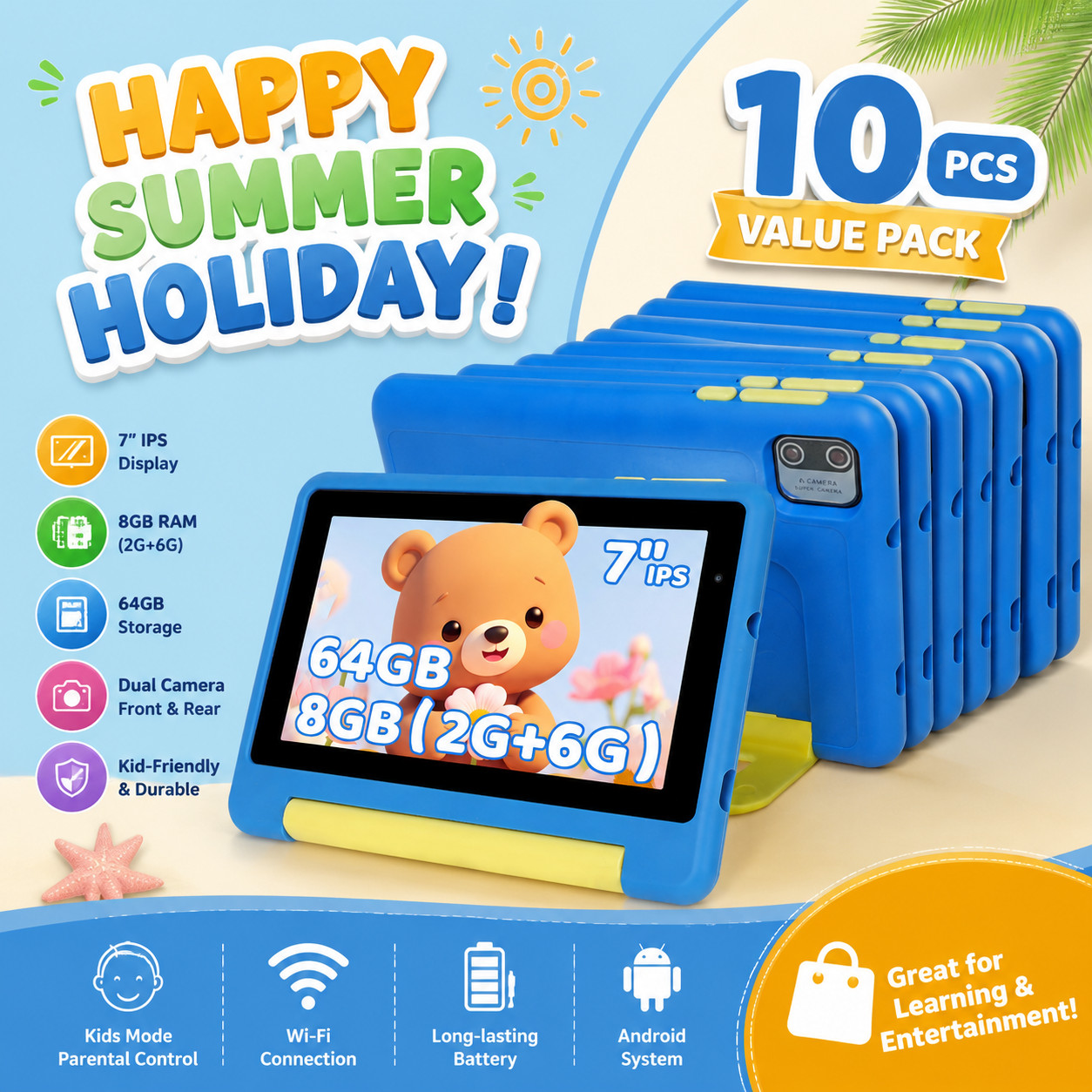 10 PCS Kids Tablet Android 13 Quad Core 8GB+64GB Wi-Fi Dual Camera 7 Inch IPS