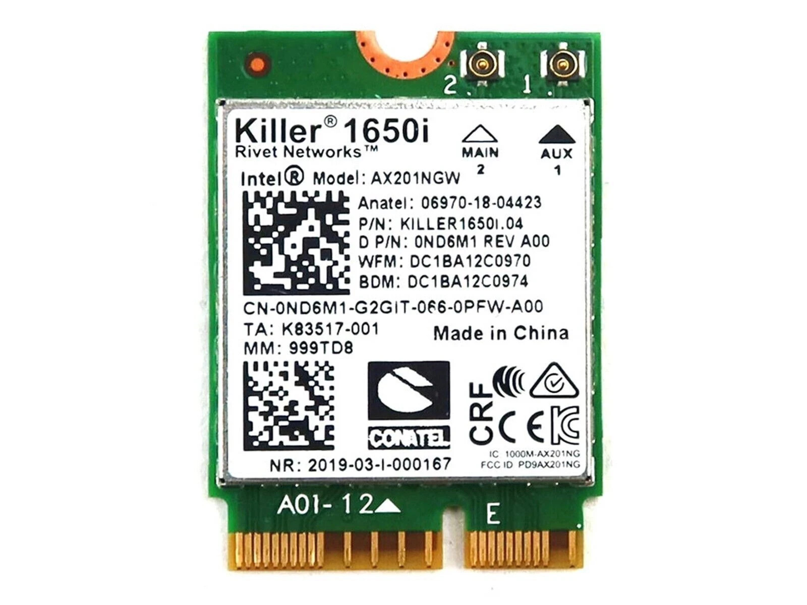 Genuine Intel Killer 1650i Wireless Wi-Fi Bluetooth A00 AX201NGW Dell ND6M1