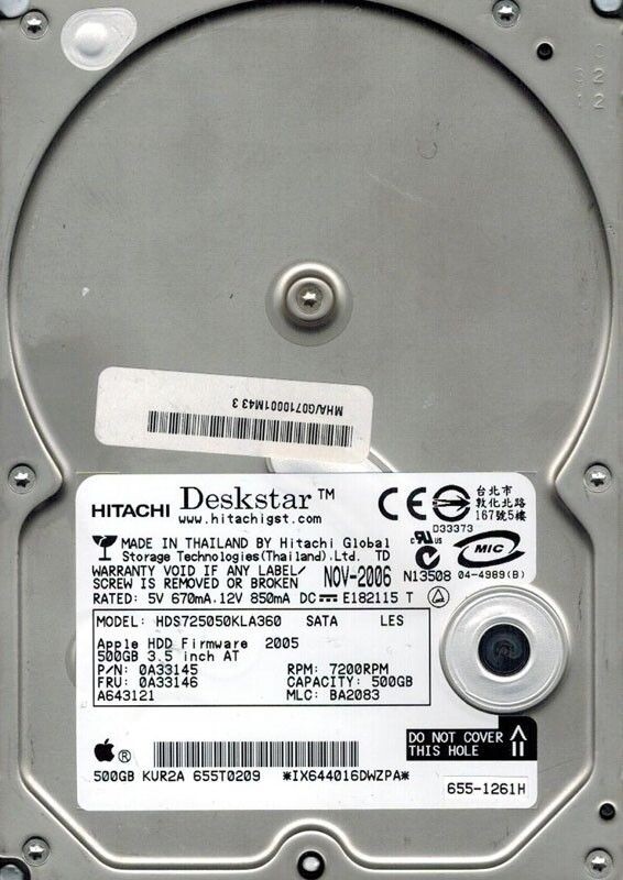 Hitachi HDS725050KLA360 P/N: 0A33145 MLC: BA2083 500GB MAC 655-1261H