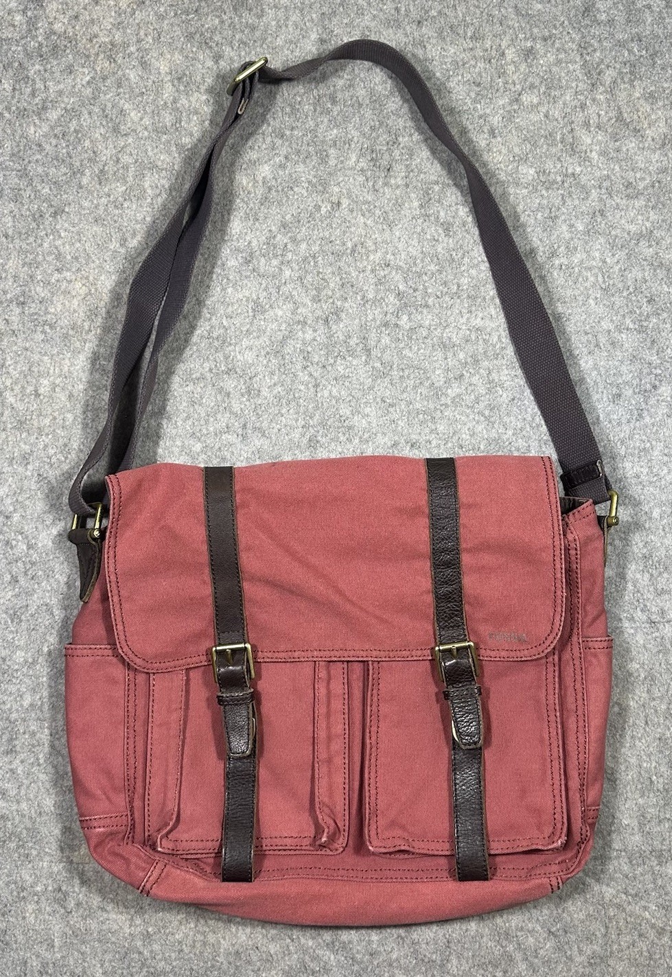 Vintage Fossil Canvas Messenger Bag Red Leather Strap Buckle Crossbody READ