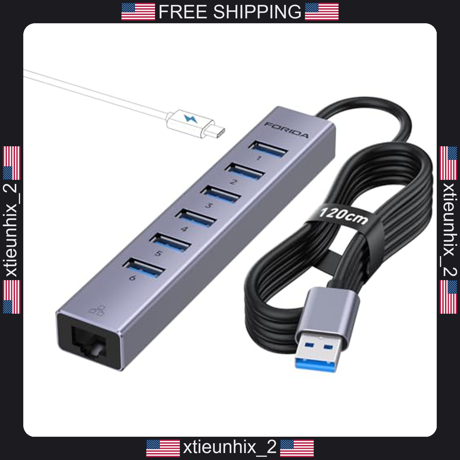 USB Hub with Ethernet and 8 Ports, 6 USB 3.0, USB C Charging, Gigabit Ethernet