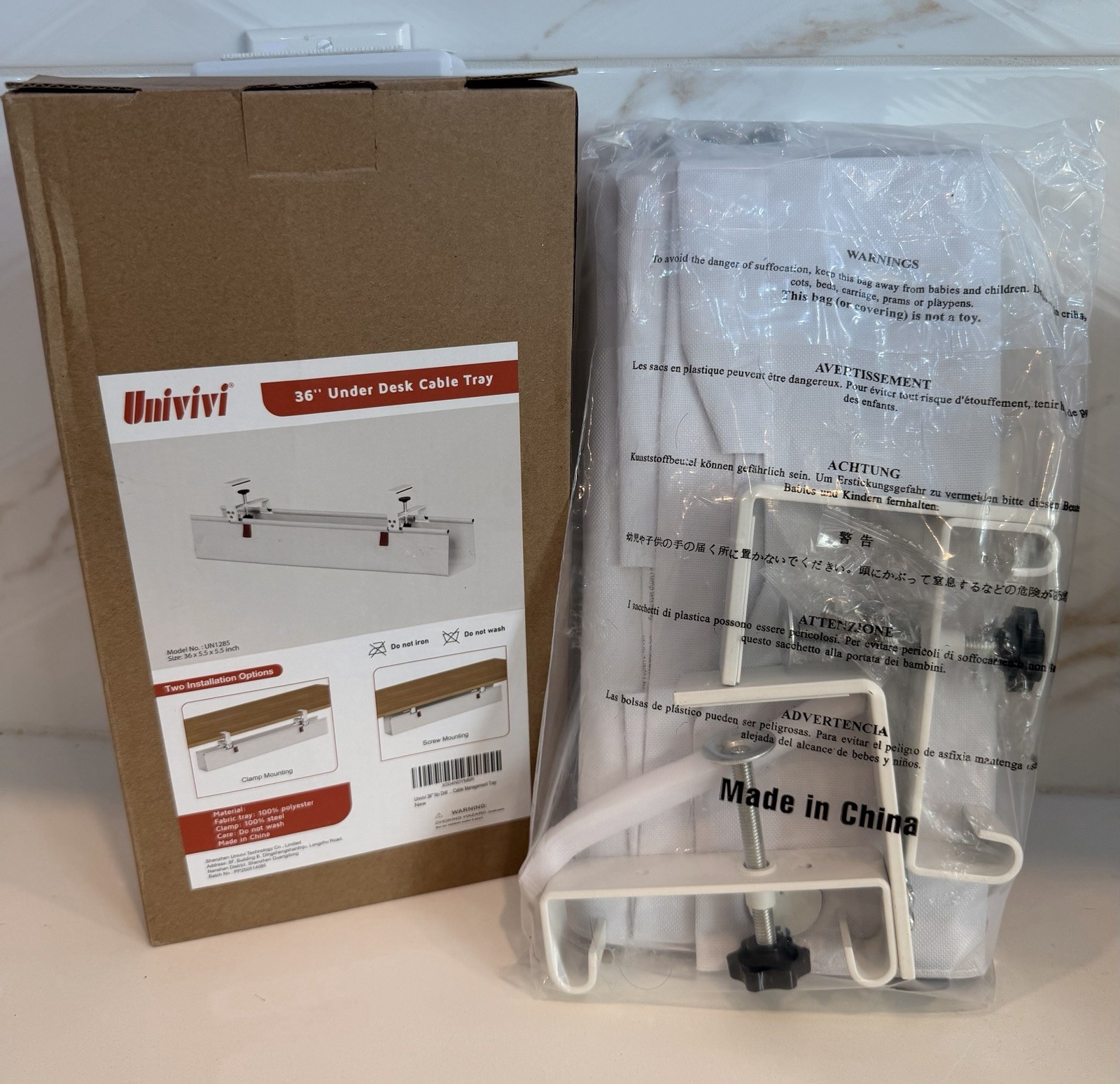Univivi No Drill Under Desk Cable Management Tray, 36" Cord Organizer for Table