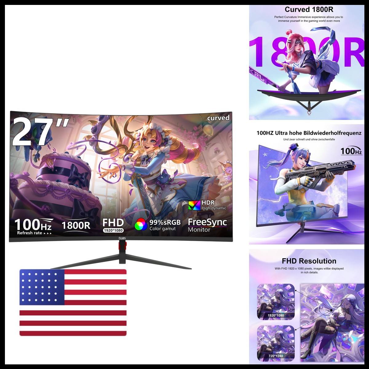 DJiEX Q27B13 27 Inch Curved Monitor FHD 1080P 100Hz