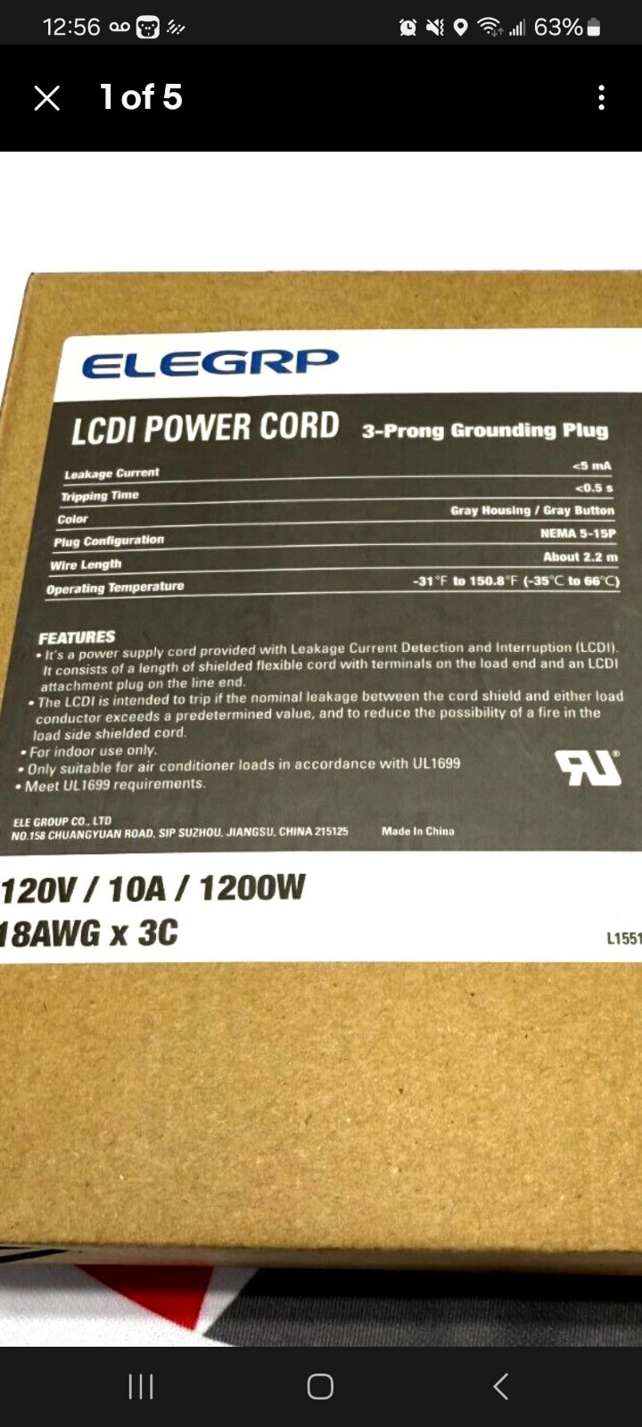 ELEGRP 0651510LY L15515 L22515 18AWG  Power Cord for A/C Air Conditioner 1200W