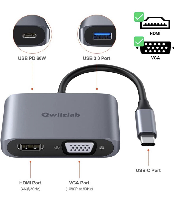 Qwiizlab 4in1 Type C To  4kHDMI VGA 3.0 USB C PD HUB