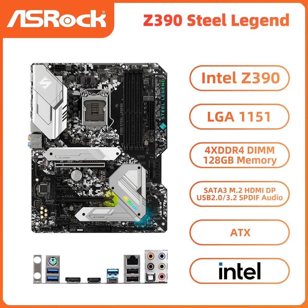 ASRock Z390 Steel Legend Motherboard Intel Z390 LGA1151 DDR4 SATA3 SPDIF HDMI DP